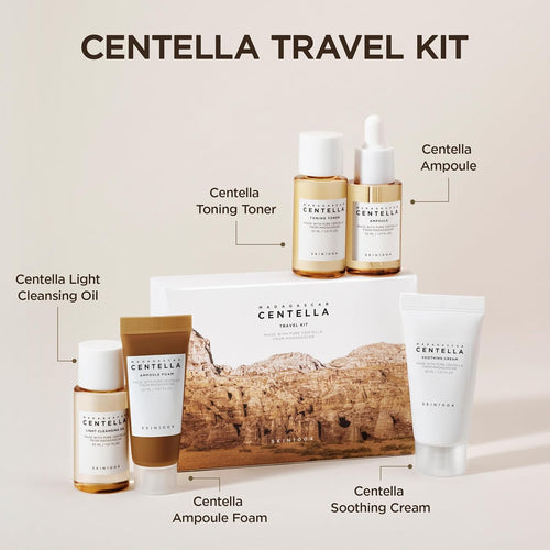 SKIN1004 Centella Travel Kit, Korean Skin Care Set with Toner, Moisturiser, Serum, Cleansing Oil & Cleanser, Travel Size Set with Madagascar Centella,
